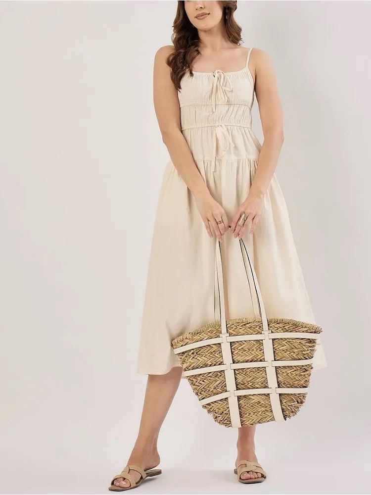 Women's Cream Spaghetti-Strap Midi Dress With Tie Front